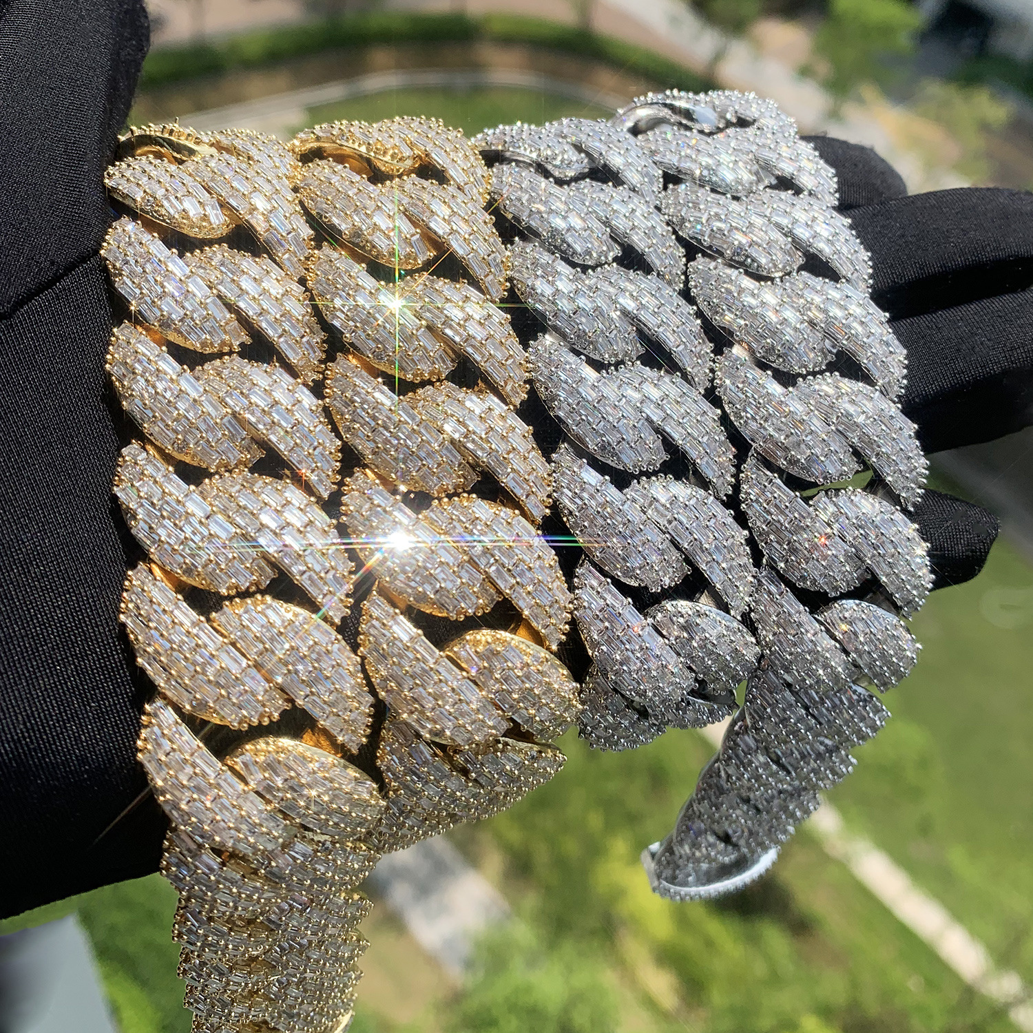 24mm Hip Hop Bubble Cuban Link Chain Necklace Bracelet 5A T Zircon Gold Plated