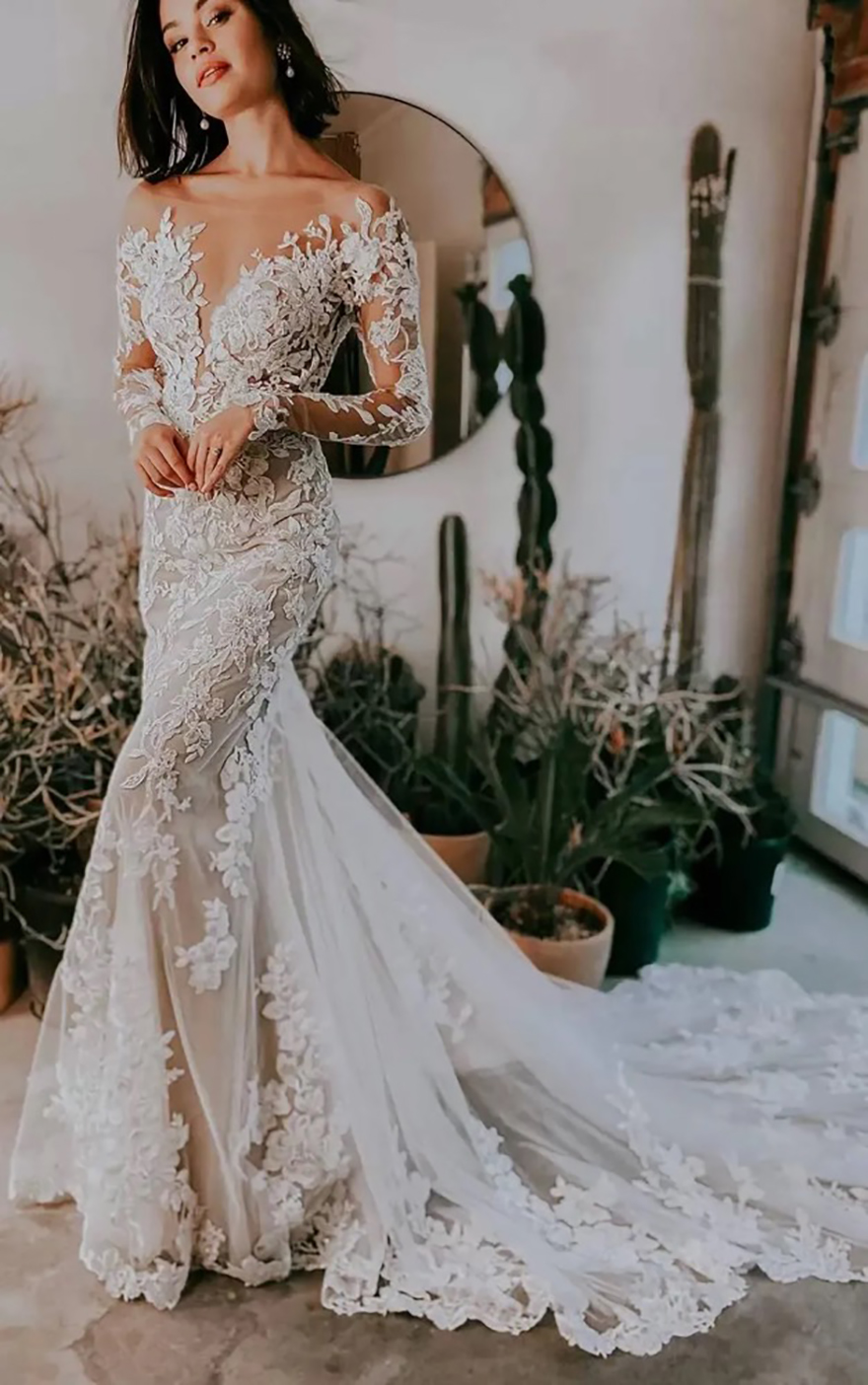 Boho Long Sleeves Mermaid Wedding Dresses Backless Bridal Gown Lace Applique Sweep Train Custom Made Beach Garden Plus Size vestido d