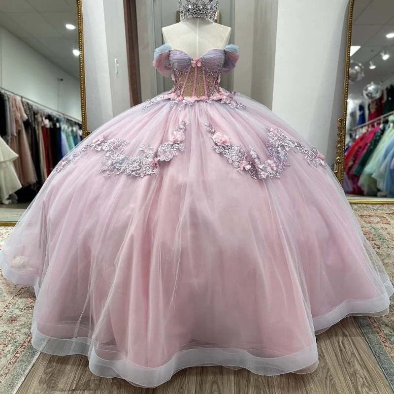 Light Pink Quinceanera Dresses Off Shoulder Appliqued Lace Crystal Tull Ball Gown Princess Party Birthday Vestidos 15 Anos Sweet 16 Dress