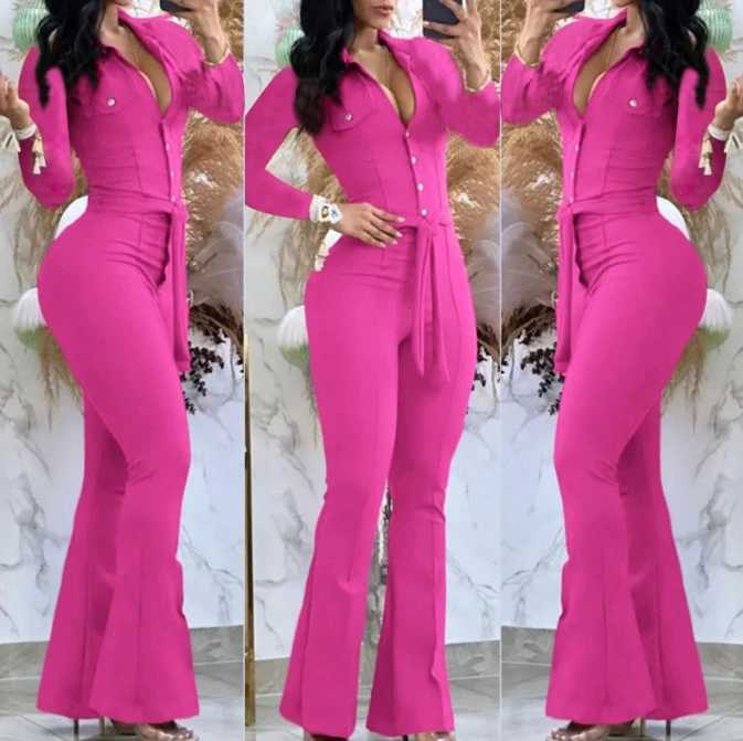 Jumpsuit Women Turn-Down Collar Long Sleeve Belt Button Wide Leg Solid Color Elegant Fashion Casual Office Lady M240926