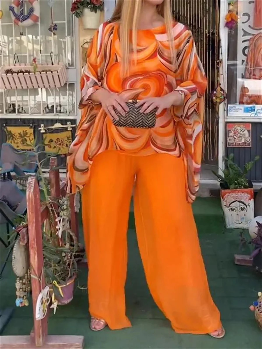 Summer Print Colorful Chiffon Set Two Piece Suit Round Neck Bat Sleeves Irregular Top Wide Leg Pants Casual 2 240927