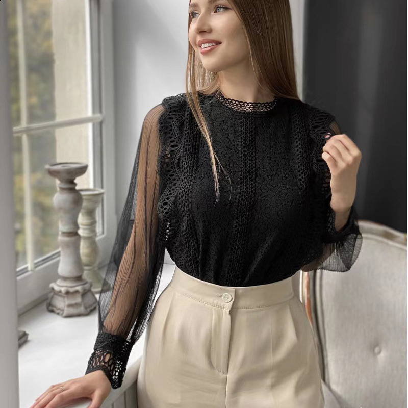 Mesh Long Sleeve Lace Blouse | Elegant Solid Color Round Neck Top