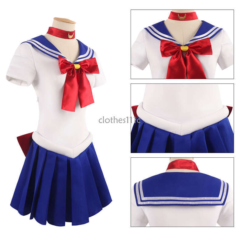 Women's Moon Tsukino Usagi Adult Cosplay Costume 7 Pcs Set Crystal Sailor Suit Dress Wig Props Uniform Outfit Halloween
