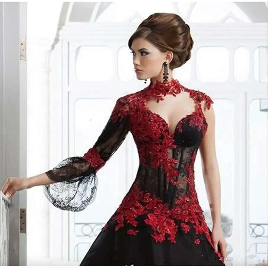 Neck Masquerade Victorian High Red And Black A-E Lace Appliques Gothic Bridal Dresses Beading Back Wedding Gowns