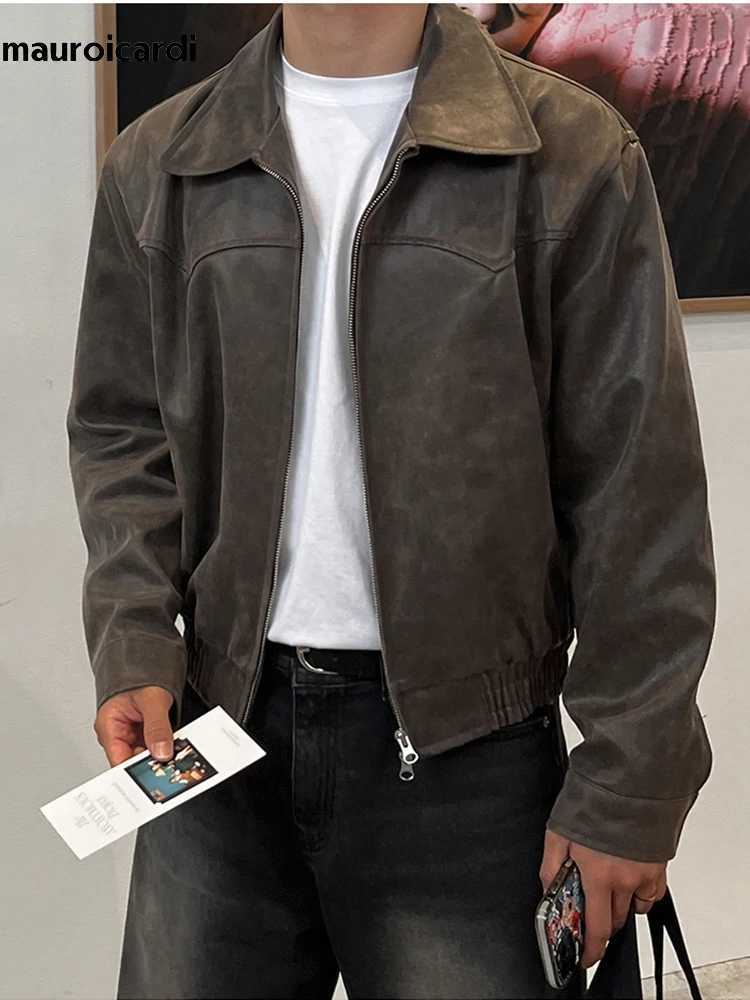 Mauroicardi Spring Autumn Vintage Lightweight Distressed Washed Brown Pu Leather Jacket Men Zipper Casual Korean Fashion Clothes W251023