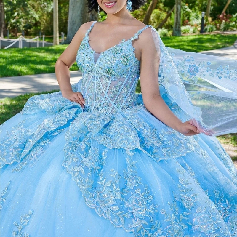 Sky Blue Shiny Quinceanera Dresses Sweet 16 Dress Lace Applique Beads Tull Off Shoulder Lace-up Ball Gowns With Cape Vestido De 15 Anos