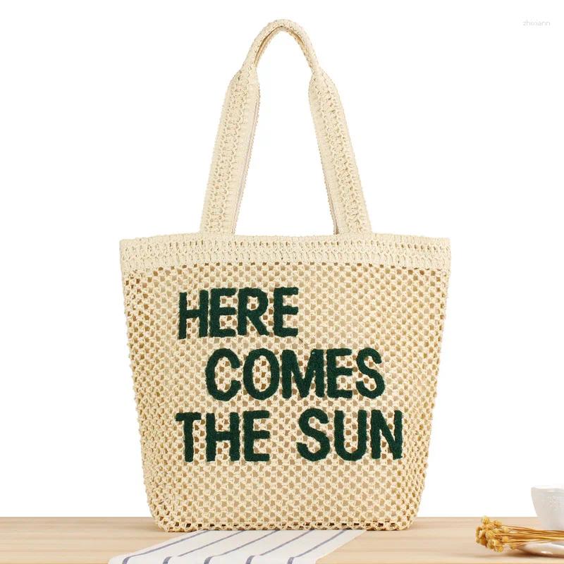 Drawstring Summer Crochet Women Large Capacity Straw Braid Shoulder Portable Beach Letter Handwoven Handbags Casual Bags