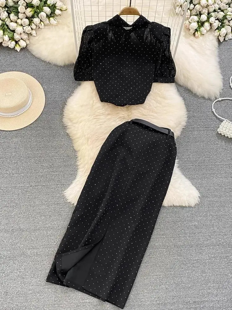 Elegant Drill Black Two Piece Set Women Short Puff Sleeve Dot See Through Chiffon Blouse Shirt Belt Long Split Skirt Suits 240927