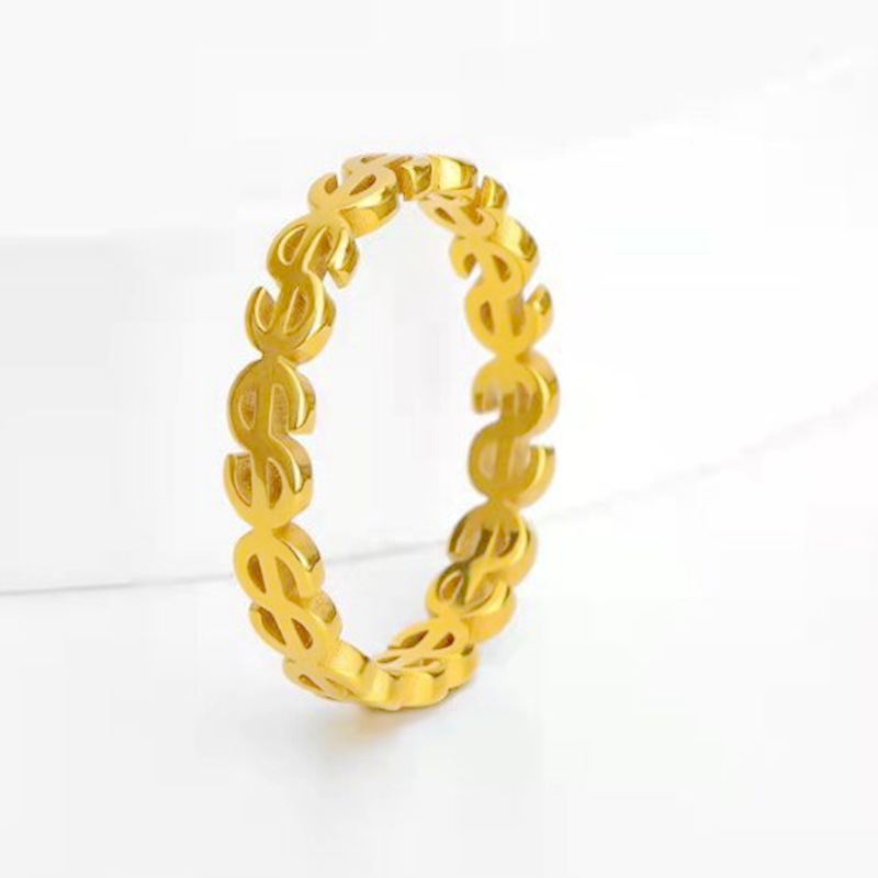 Luxurious Stainless Steel US Dollar Symbol Ring 4MM Creative Designer 18K Gold Silver Plated TItanium Steel USD Rings for Women Men Wedding Jewelry Gi