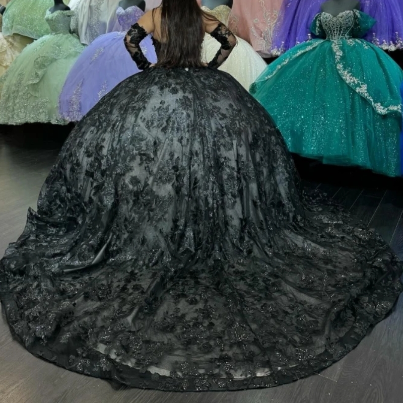 Black Shiny Quinceanera Dresses Ball Gown Off The Shoulder Beading Appliques Lace Tull Corset Sweet 16 Dress Vestidos De 15 Anos