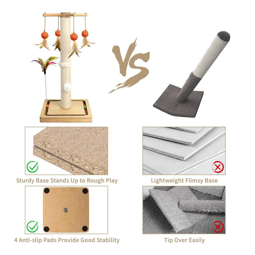 Post, Sisal Scratching Posts Indoor Cats Adults with Hanging Ball and Interactive Toys, 2 Mounting Methods Cat Scratcher for Kitten Cats, 25 inches