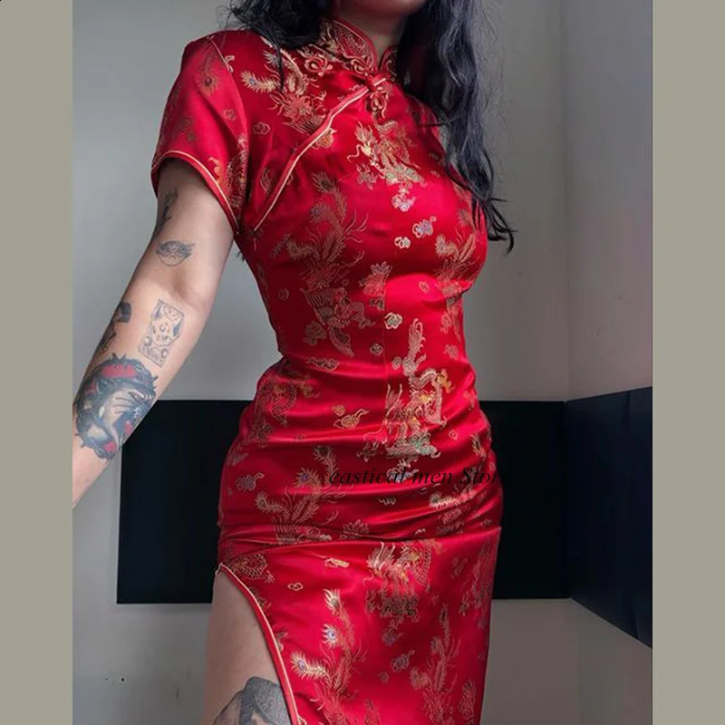 Evening Party Dresses Chinese Style Dress Jacquard Satin Cheongsam Women Sexy Split Qipao Traditional Button Down 250122
