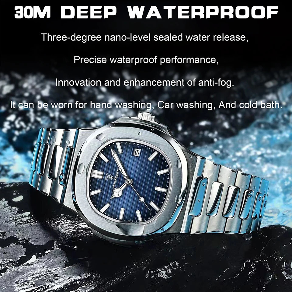 POEDAGAR Watch Business Waterproof Male Clock Luminous Date Stainless Steel Square Quartz Men reloj hombre 2024 y240919
