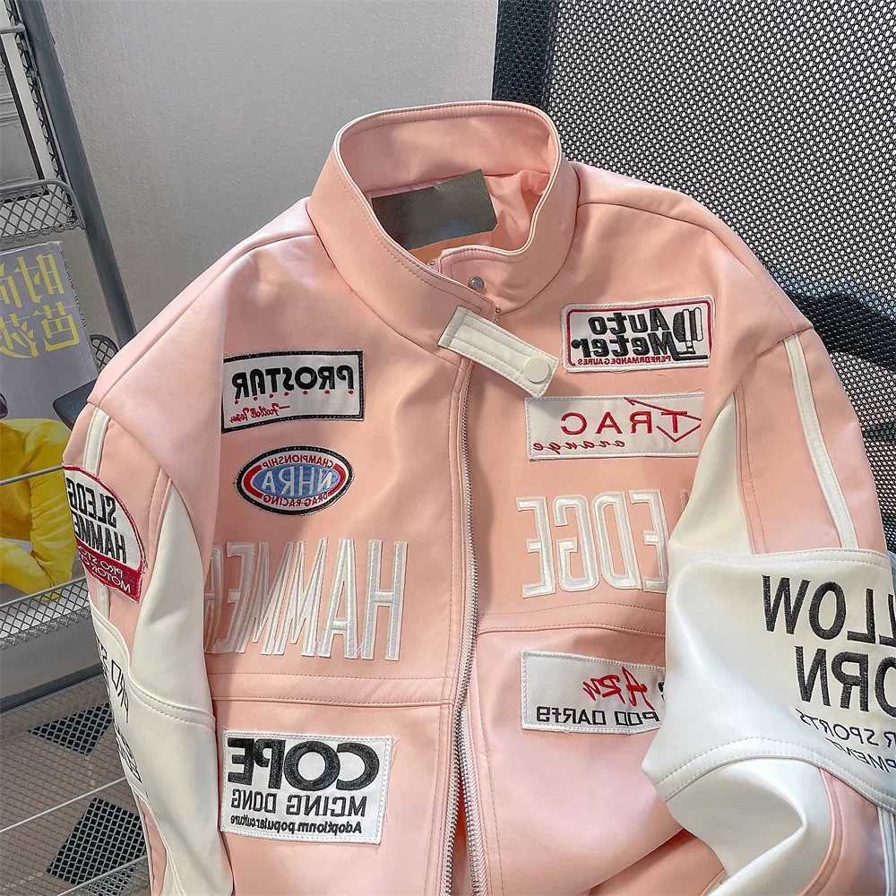Hip hop womens leather motorcycle jacket American pink jacket Y2K stitched high-quality embroidered windproof jacket W240926