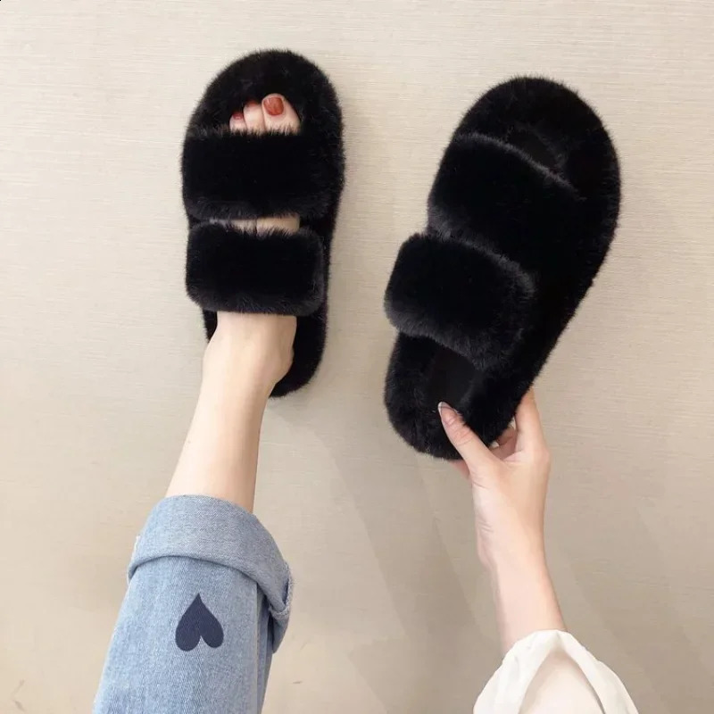 Fashion One Word Thick Fur Slippers Double Fur Slippers Casual Home Cotton Shoes for Women Flat Plush Cross Straps Slippers2024 240927
