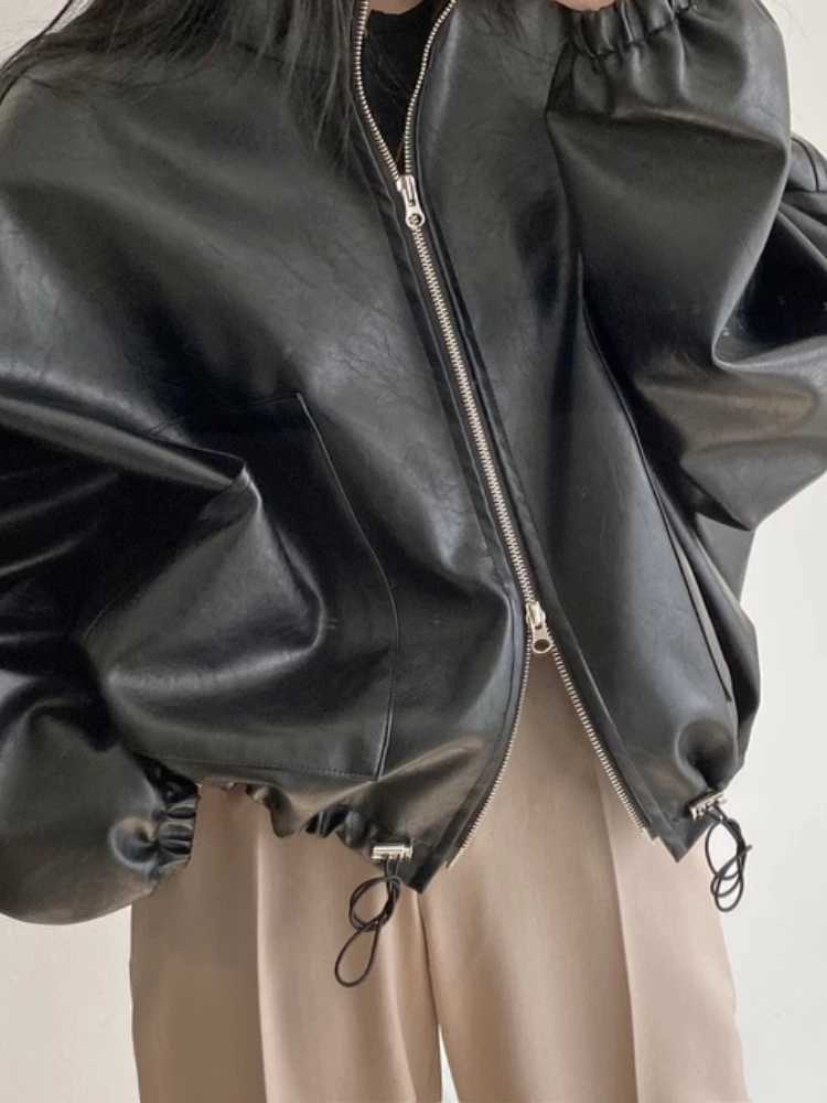 Winter punk black leather jacket womens coat loose zipper cut leather jacket casual motorcycle street clothing leather jacket W240926