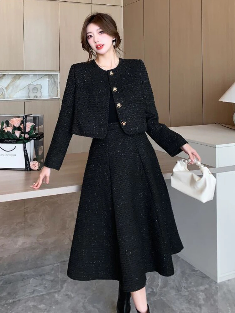 High Quality French Two Piece Set Women Tweed Solid Simple ONeck Long Sleeve Jacket CoatHigh Waist Skirt Suit Autumn Clothes 240926