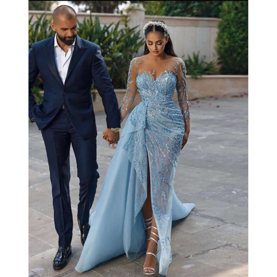 Mermaid Blue Wedding Stylish Dresses Long Sleeves V Neck Appliques Sequins D Lace Side Slit Or Length Plus Size Bridal Gowns Custom Made Abiti Da Spos