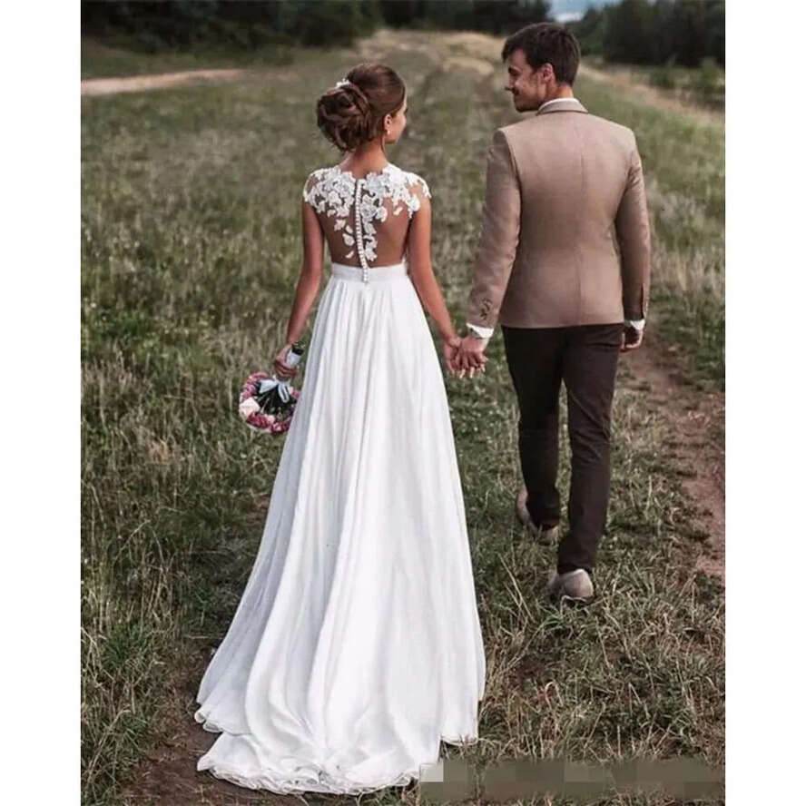 Capped Dresses A 2019 Chiffon Newest E Sleeves Covered Buttons Illusion Lace Applique Country Wedding Bride Gown Vestido De Novia Pplique pplique