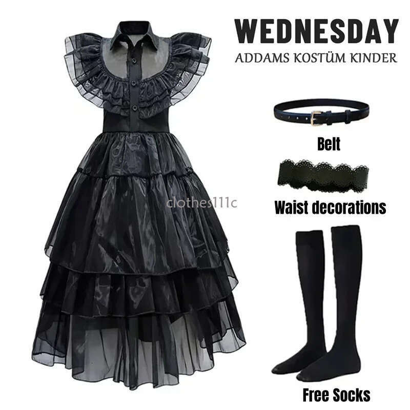 Wednesday Addams Up Costume For Girls Birthday Halloween Cosplay Party Dress With Wig Soc Belts For Kids 2-12 Years