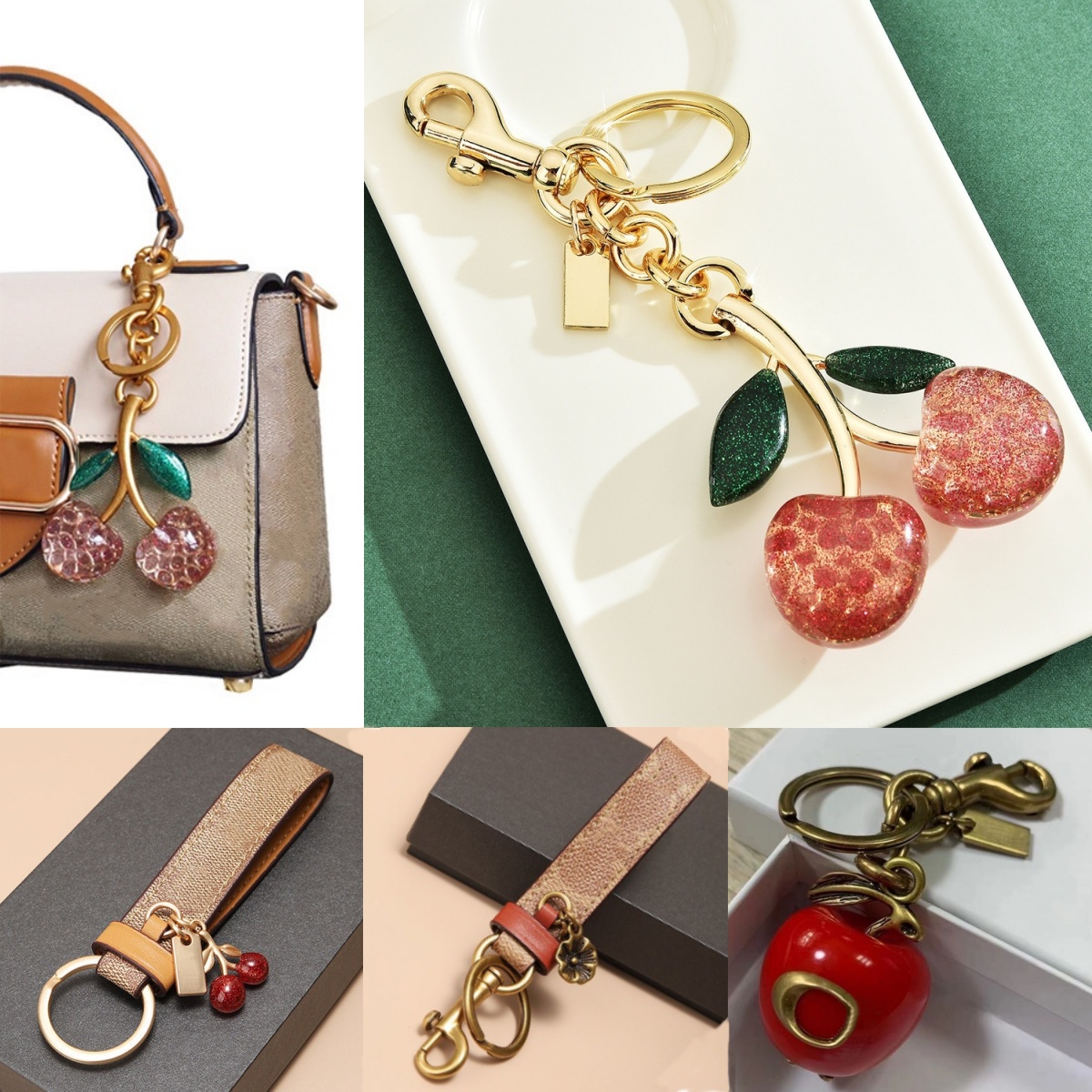 Red Cherry Porte-clés Cerise Breloque Sac Porte-clés Anneau Design Accessoire Luxe Porte-Monnaie Sac 45i9#