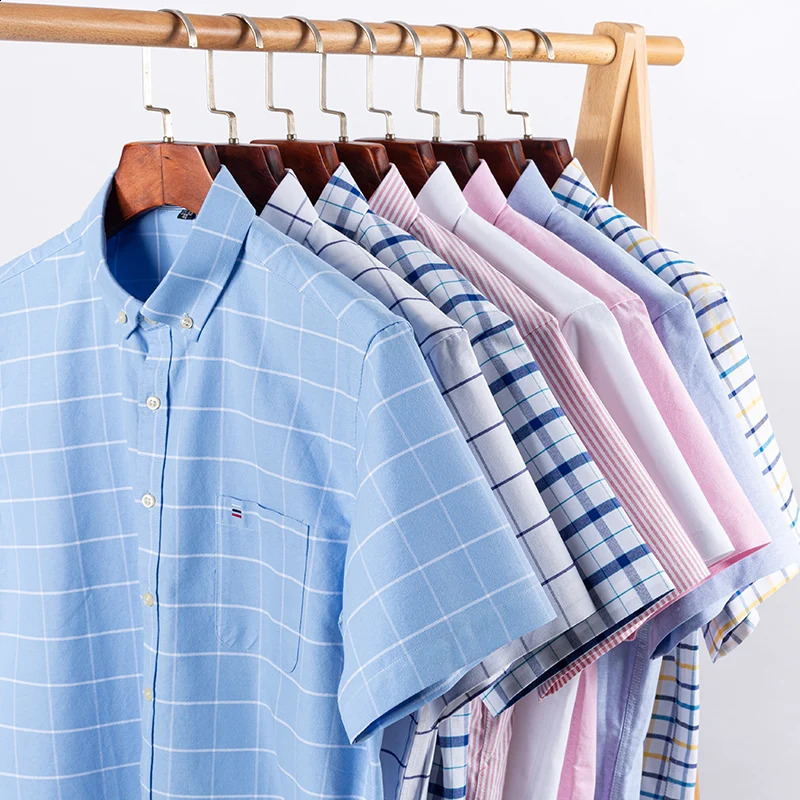 100 Cotton Men Oxford Shirt Short Sleeve Summer Plaid Striped Male Clothes Business Regular Fit Dress Oversized 7XL 6XL 240927