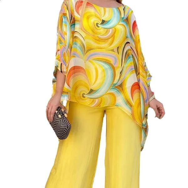 Chiffon Loose Top Wide Leg Pant Suit Women Casual Round Neck Printed TwoPiece Set For 2024 Summer Outfits 240927