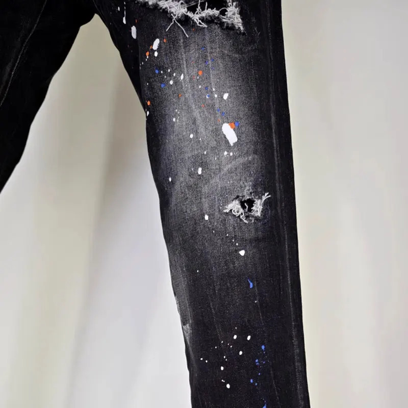 Street fashion mens jeans high-quality retro black gray elastic slim fit open top jeans mens er hip-hop jeans 240927