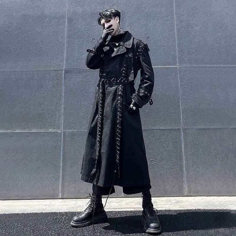 2023 Double Chest Brushed Patch Work Techwear Trench Jacket Mens Hip Hop Punk Long Jacket Street Fashion Gabardina Hombre W240926