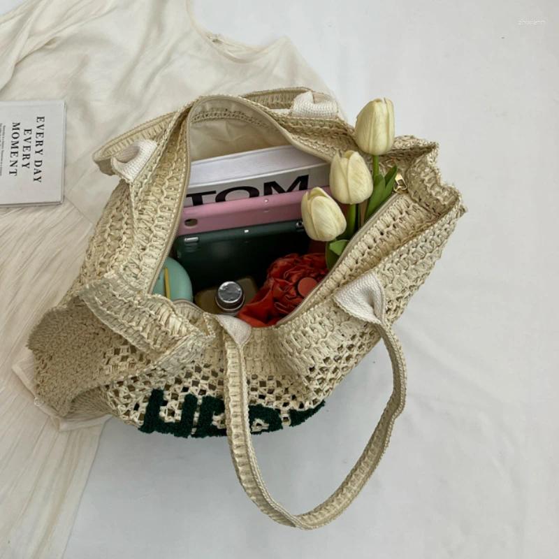 Drawstring Summer Crochet Women Large Capacity Straw Braid Shoulder Portable Beach Letter Handwoven Handbags Casual Bags