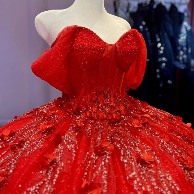 Red Quinceanera Dresses Off The Shoulder Sweet 16 Ball Gown Beads Appliques Lace Tiered Tull Corset Formal Vestidos De 15 Anos