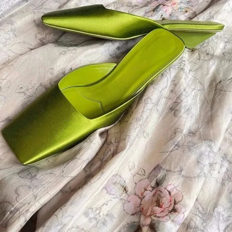 Green Elegant Silk Fabrics Women Slippers Special Fashion Style Low Heels Square Toe Fashion Outwear Shallow Shoes 240924