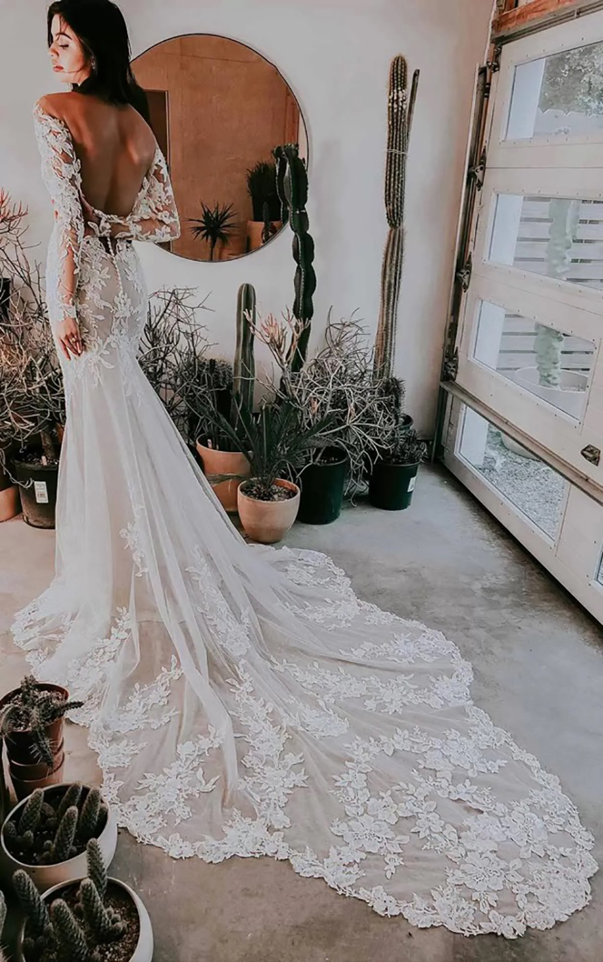 Boho Long Sleeves Mermaid Wedding Dresses Backless Bridal Gown Lace Applique Sweep Train Custom Made Beach Garden Plus Size vestido d
