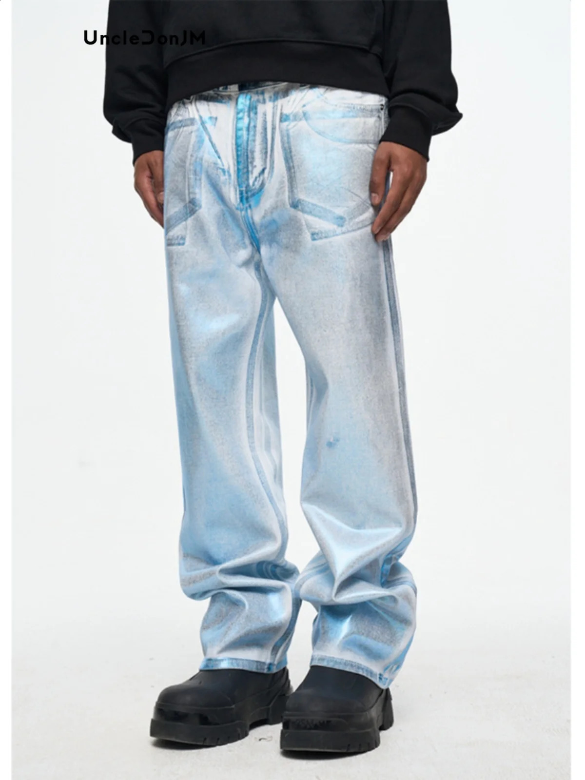 Fluorescent brush wax jeans Hombre casual simple classic Japanese plus size blue pants 240925