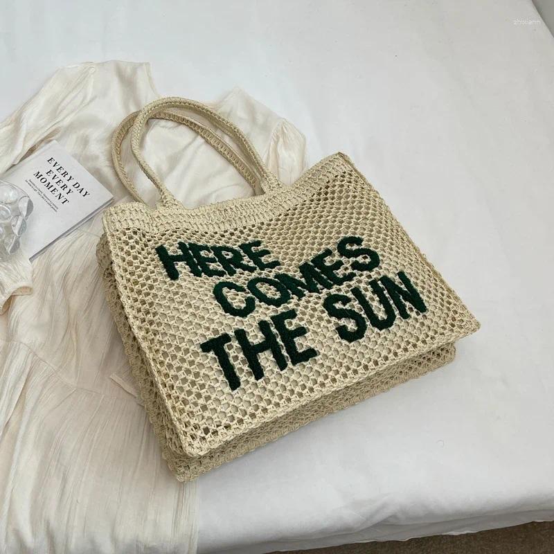 Drawstring Summer Crochet Women Large Capacity Straw Braid Shoulder Portable Beach Letter Handwoven Handbags Casual Bags