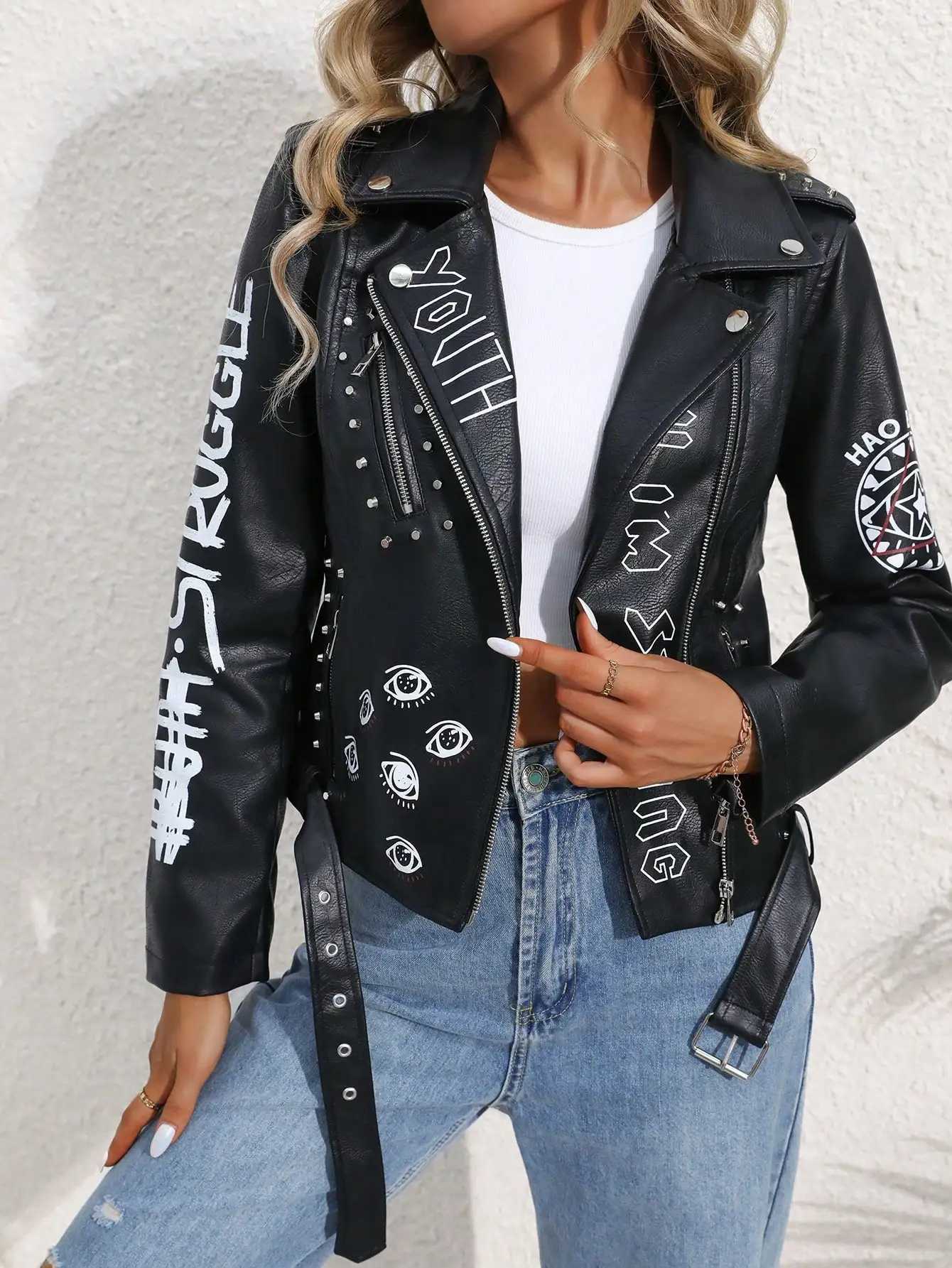Fitaylor womens artificial PU leather jacket casual womens lapel zipper graffiti printed leather jacket motorcycle rivet jacket W240926