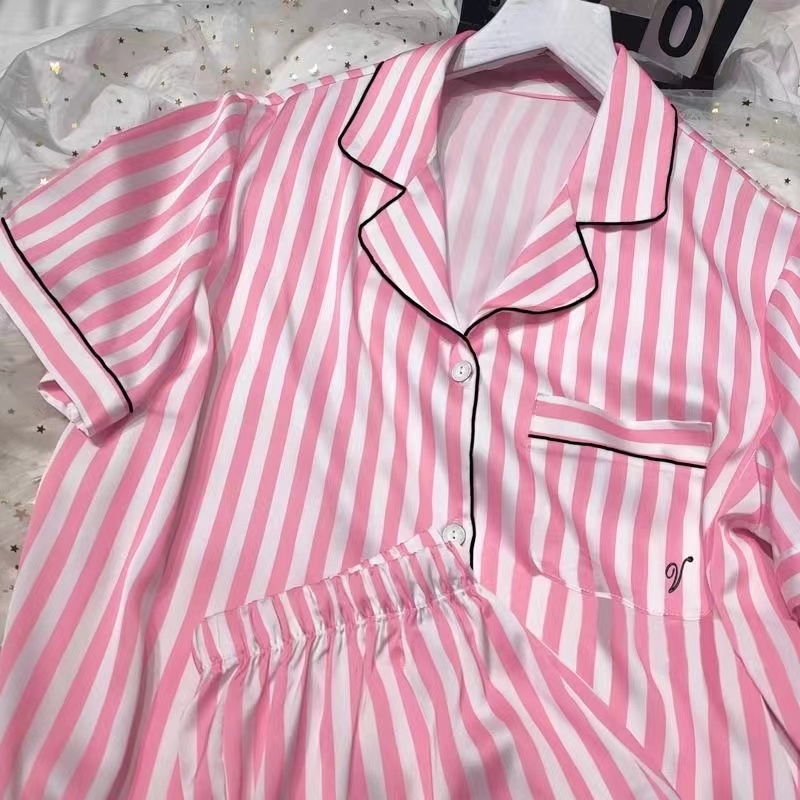 Autumn 2 Pieces ice Silk Striped Cardigan Pyjama Womens Pamas Sleepwear Sets Spring Summer VS Homewear 240415