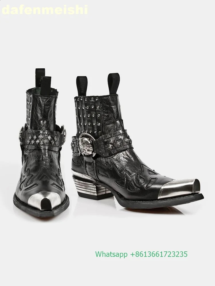 Metal square toe thick boots with rivet buckle black Leath Western cowboy for menwomen height increasing 241028