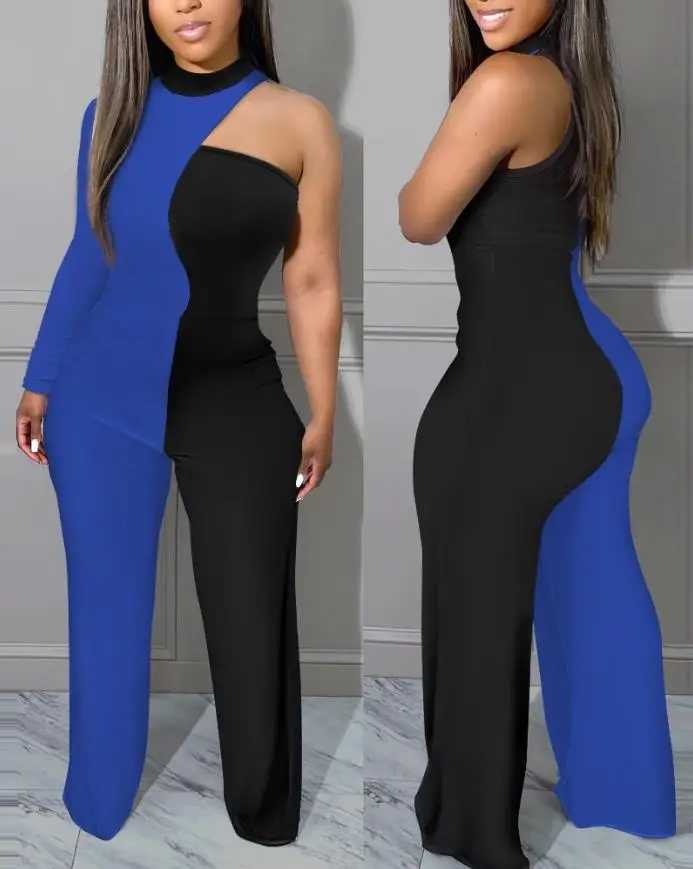 Womens Jumpsuit Elegant Sexy Party Club Wear Colorblock Round Neck One Shoulder Long Sleeve Skinny Wide Leg Jumpsuit M240926
