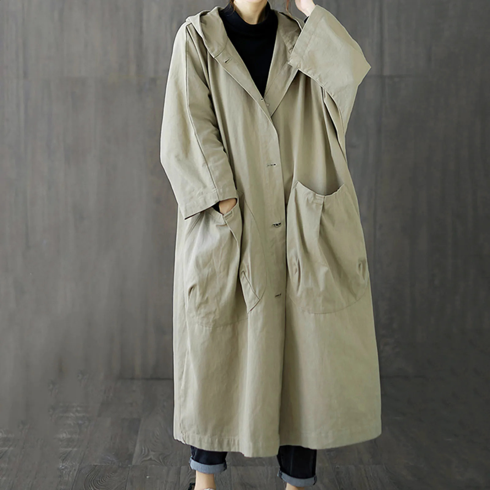 khaki long trench coat womens long displacement single displacement trench coat autumn elegant Midi length coat 240927
