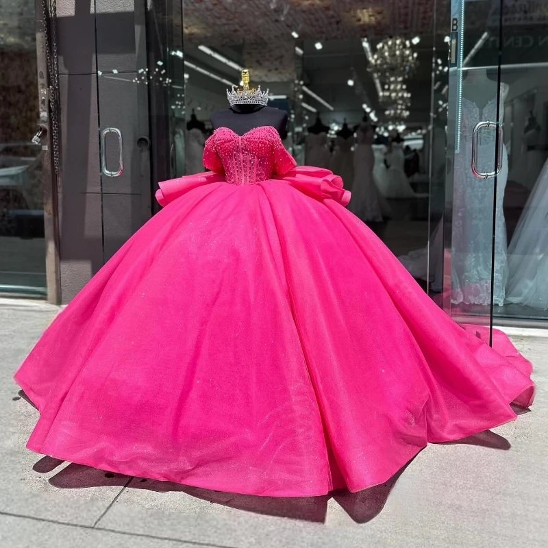 Rose Red Shiny Quinceanera Dresses Off The Shoulder Ball Gown Beads Crystal Bow Tull Corset Formal Sweet 16 Dress Vestidos De 15 Anos