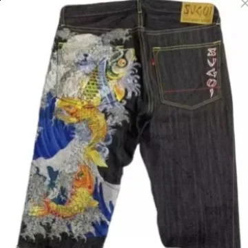 Japanese fashion Karakuri floating world carpet cherry blossom print mens jeans loose fit straight leg pants 240927 - view 5