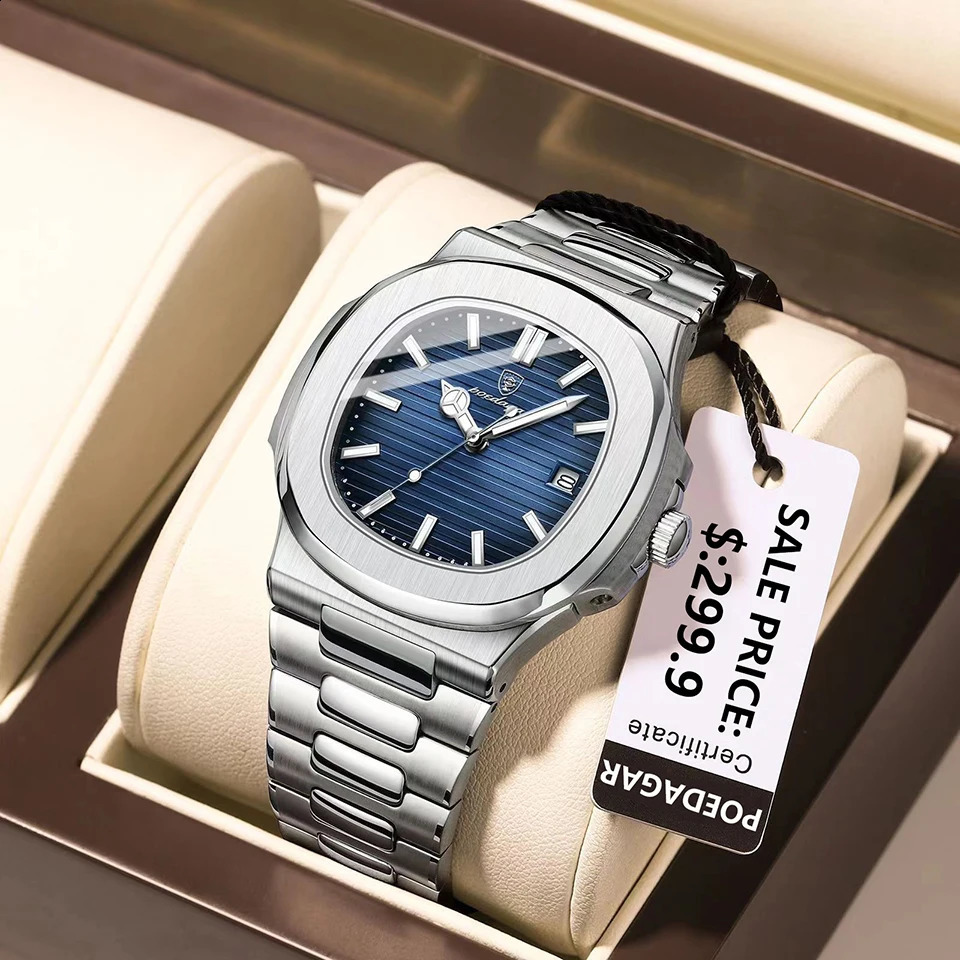 POEDAGAR Watch Business Waterproof Male Clock Luminous Date Stainless Steel Square Quartz Men reloj hombre 2024 y240919