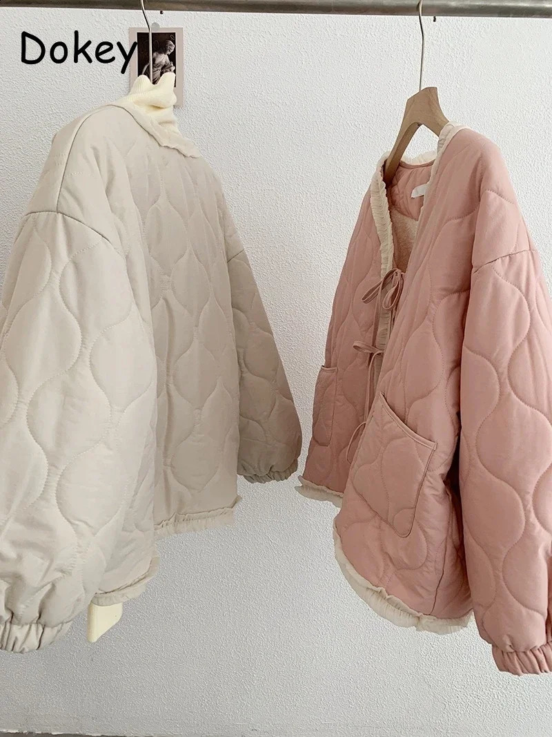 Japanese Lace-up Kawaii Cotton Jacket Women Sweet Vintage Ruffled Pink Y2k Trendy Lolita Parkas Winter Plush Warm Casual Outwear 241105
