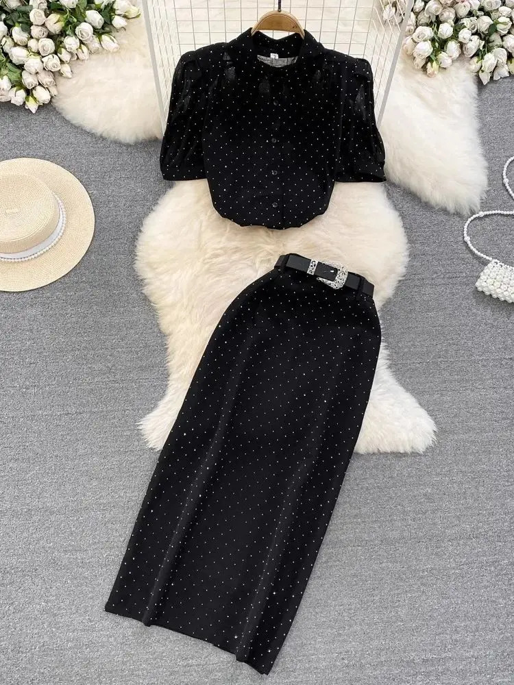 Elegant Drill Black Two Piece Set Women Short Puff Sleeve Dot See Through Chiffon Blouse Shirt Belt Long Split Skirt Suits 240927