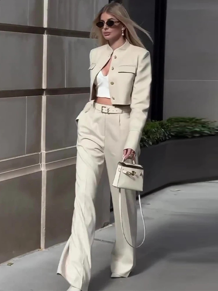 Casual Solid Short Coat Pants Set Womens Single Chest Pocket Long Sleeve Jacket Wide Leg Trousers Autumn Set 240927