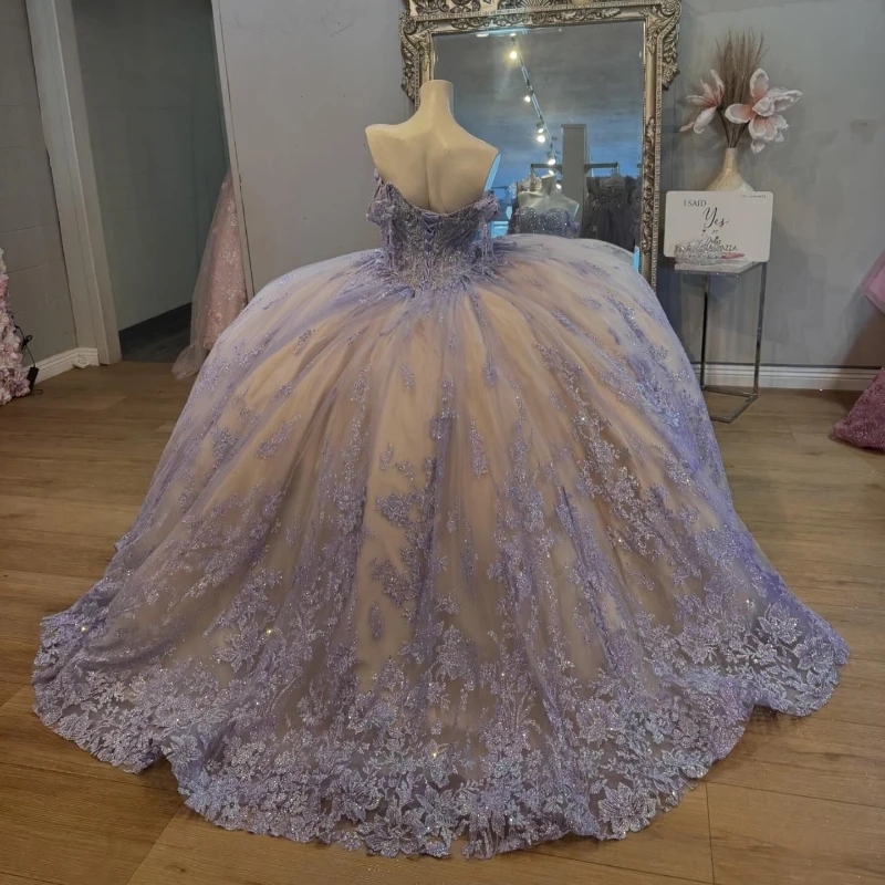 Lavender Quinceanera Dresses Ball Gown Off The Shoulder Sequin Appliques Crystal Beading Tull Champagne Lining Sweet Vestidos De 15 Anos