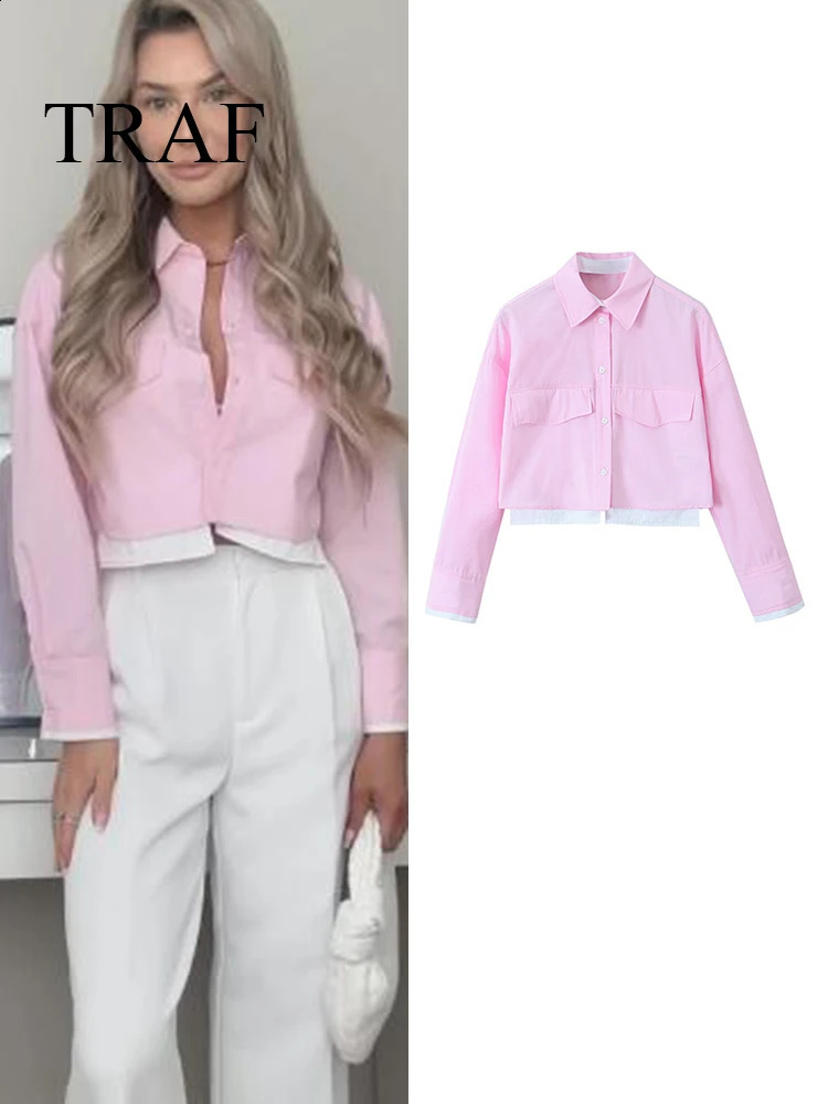TRAF Fashion Woman Pink Patchwork Shirt Long Sleeve Cropped Shirts For Ladies 2024 Streetwear Button Up Blouses Tops 240926