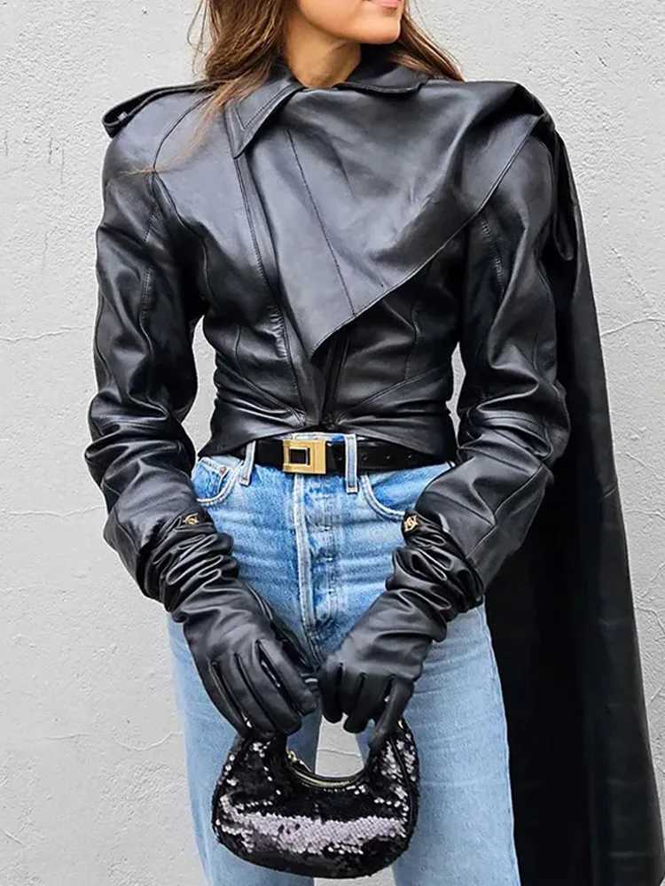 Pu leather open top jacket womens retro cape shawl collar jacket zipper womens spring fashion ultra-thin cool street clothing womens top W240926