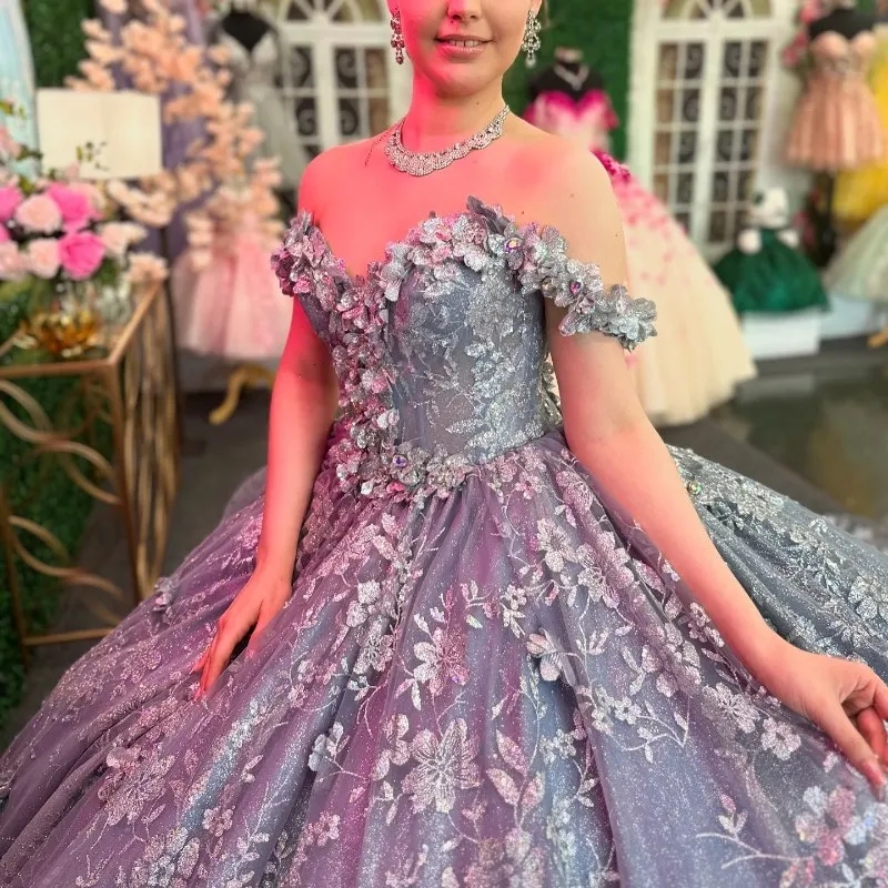 Luxury Silvery Sparkly Quinceanera Dresses Sequin Appliques Lace Beaded Ball Gown Sweet 16 Dress Party Birthday Wear Vestido De 15 Anos